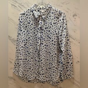 C&E Size L White Blouse with Blue Stars, Size L, 100% Polyester